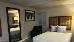 Habitación de hotel con una cama grande, una silla, un espejo y un cuadro enmarcado en la pared.