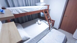 Un lit superposé avec un bureau et une échelle, une porte et un rideau.