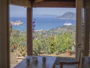 A view from a covered outdoor area with a table and chairs, overlooking a coastal landscape with a ship in the distance and a mountainous backdrop. - Surrounded by greenery for panoramic relaxation (Portoferraio)