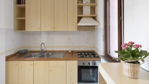 A compact kitchen with wooden cabinets, a stainless steel sink, a gas stove, and an oven. - Spacious, bright and comfortable with 2 terraces (Portoferraio)
