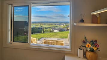A room with a large window offering a view of a green landscape and distant buildings. There is a wooden deck outside the window, and a vase with flowers on a shelf.