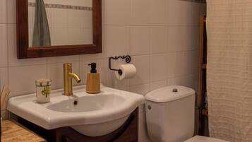 Een douche, een bidet, handdoeken, zeep