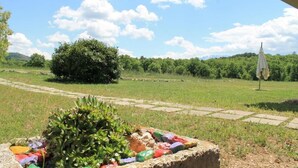 A garden with a stone planter filled with colorful bottles, a pathway, and a tree. - Agriturismo C'era Una Volta (Poggio Picenze)