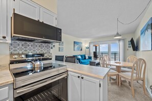 Fridge, microwave, oven, stovetop - "Sunrise Suite" Wake to Sunrises · Beach · Pool (North Topsail Beach)