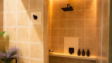 Une salle de bain avec une douche, une étagère contenant des articles de toilette et une plante en pot.