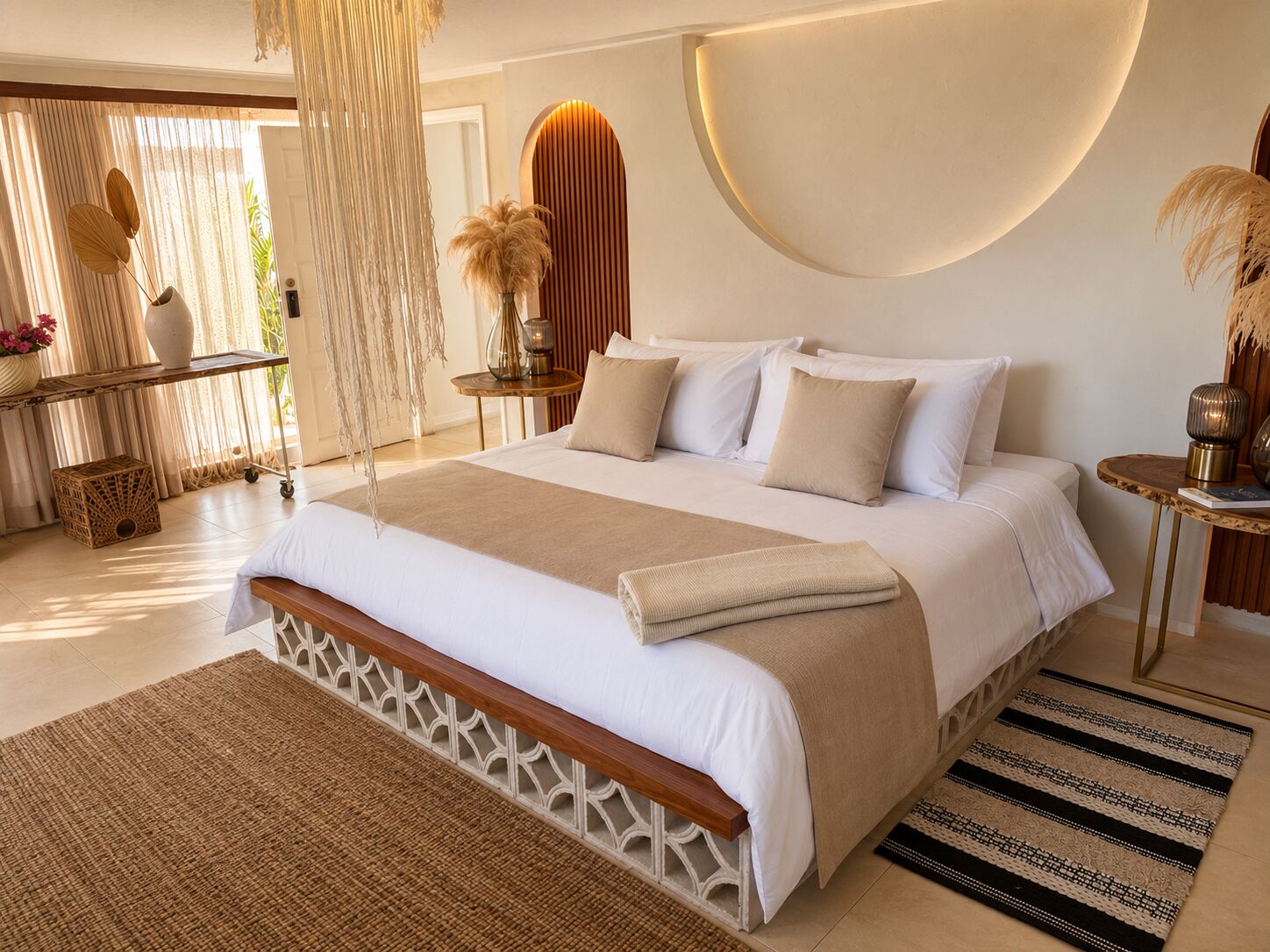 A well-lit bedroom with a large bed, a bedside table, a wall-mounted light fixture, and a view of the outdoors.