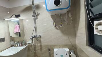 Shower, hair dryer, bidet, towels