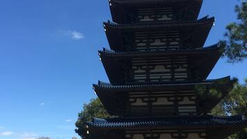 A traditional multi-tiered pagoda with a clear sky in the background.