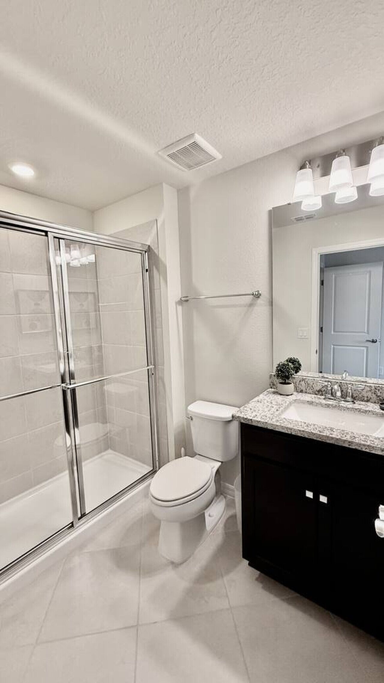 A modern bathroom with a glass shower enclosure, a toilet, and a vanity with a mirror.