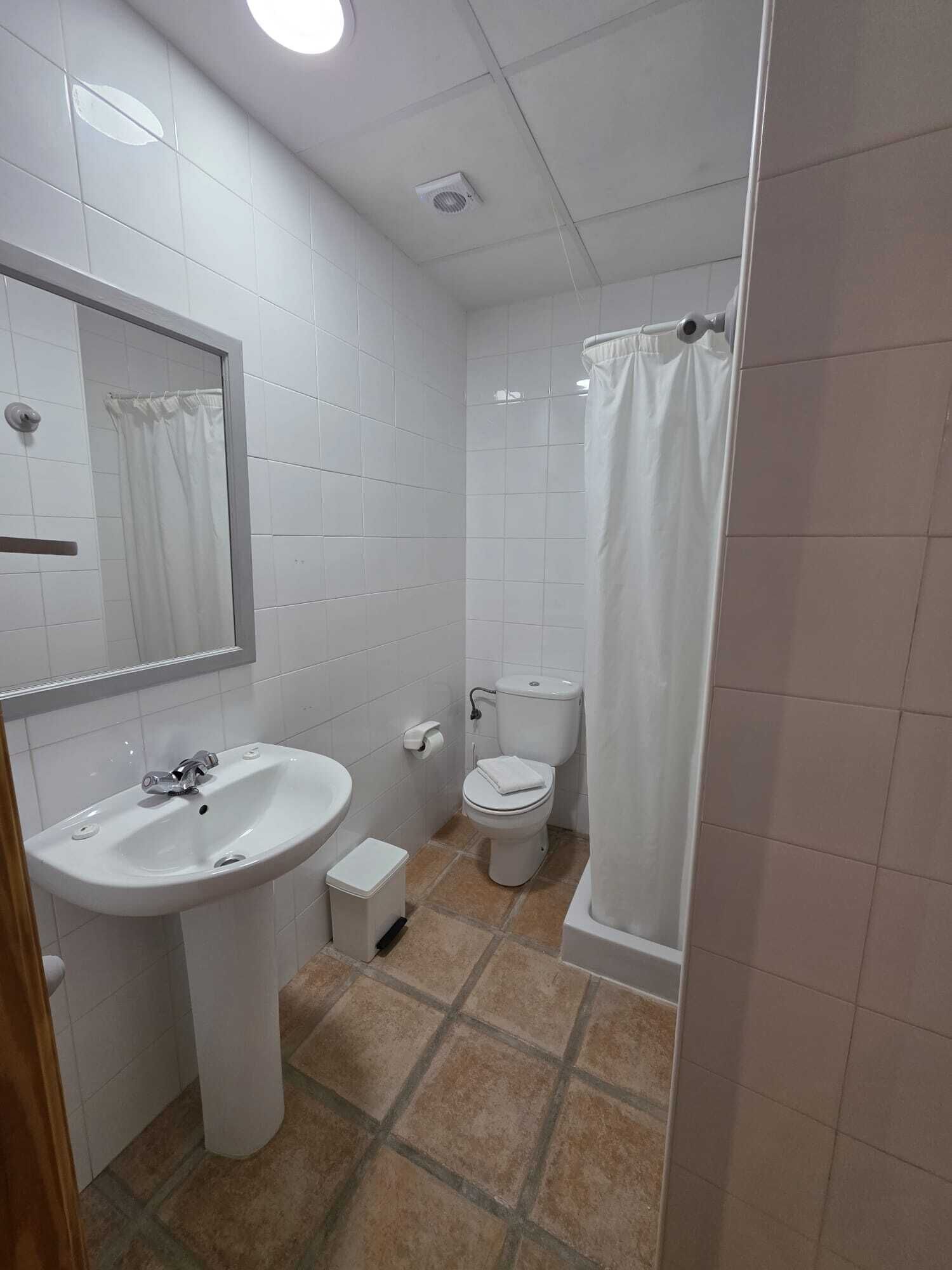 Une salle de bain avec un lavabo blanc, des toilettes et un rideau de douche.