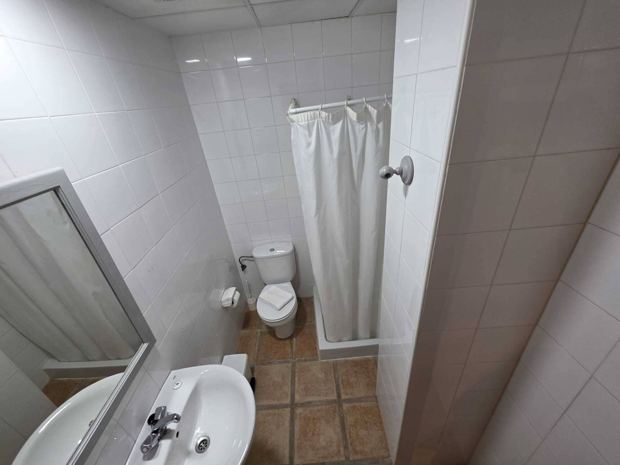 Een kleine badkamer met toilet, wastafel en douchegordijn.
