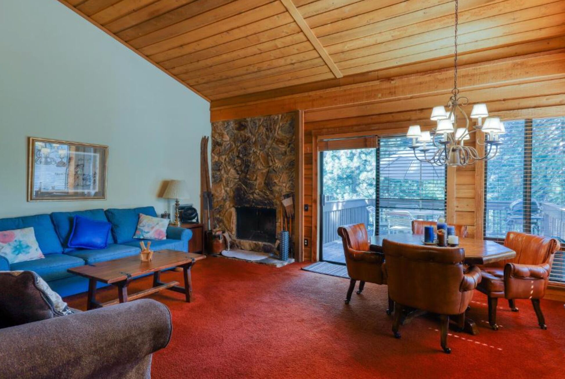 TV, fireplace, books