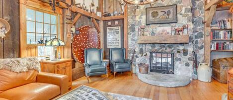 TV, fireplace, DVD player, books