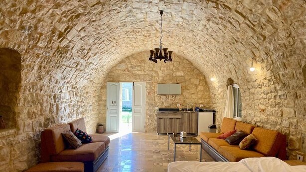 A cozy room with a stone ceiling, a sofa, a bed, and a small kitchen area. - Domaine de Filia (Aalali)