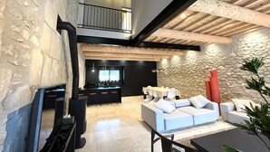 A spacious living area with a high ceiling, stone walls, and a modern fireplace. - Mas provençal, renovated by an architect, heated swimming pool. St Rémy de Provence (St Remy de provence)