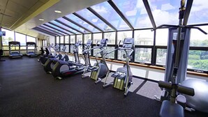 Un gimnasio con cintas de correr, elípticas y equipo de pesas.