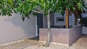 Ein Baum mit grünen Blättern vor einem Gebäude mit einer Betonbank und einem gefliesten Boden.