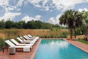A pool with lounge chairs, a palm tree, and a grassy area. - Rare 7BR Coastal Retreat | Pool, Spa & Game Area (Bay St. Louis)
