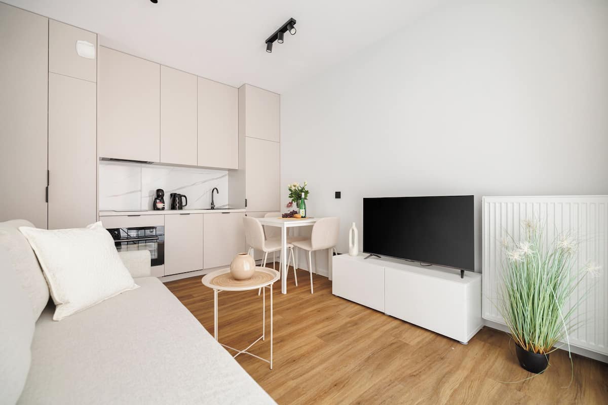 A modern, minimalist living room with a sofa, a TV, a dining area, and a kitchen.