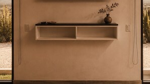 A modern living room with a mounted TV, a wooden shelf, and a potted plant. - SED DE VALLE-VALLE DE GUADALUPE  (Valle de Guadalupe)