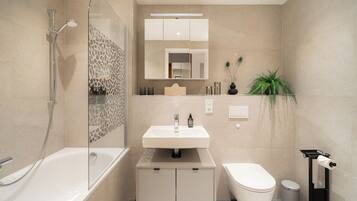 Hair dryer, towels, soap, toilet paper