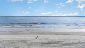 En strand med klart himmel og roligt hav.