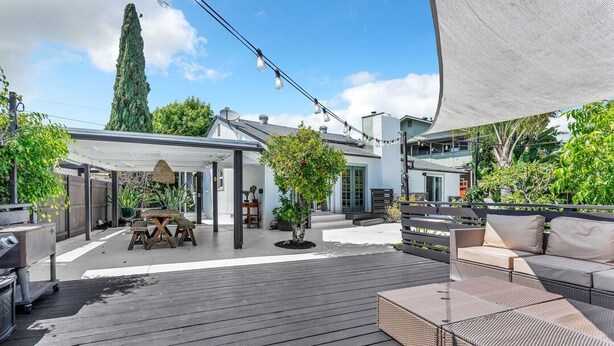 An outdoor patio area with a wooden deck, a covered seating area, and a barbecue grill. - *NEW San Diego Home-Private Hot Tub & Views+Pet (San Diego)