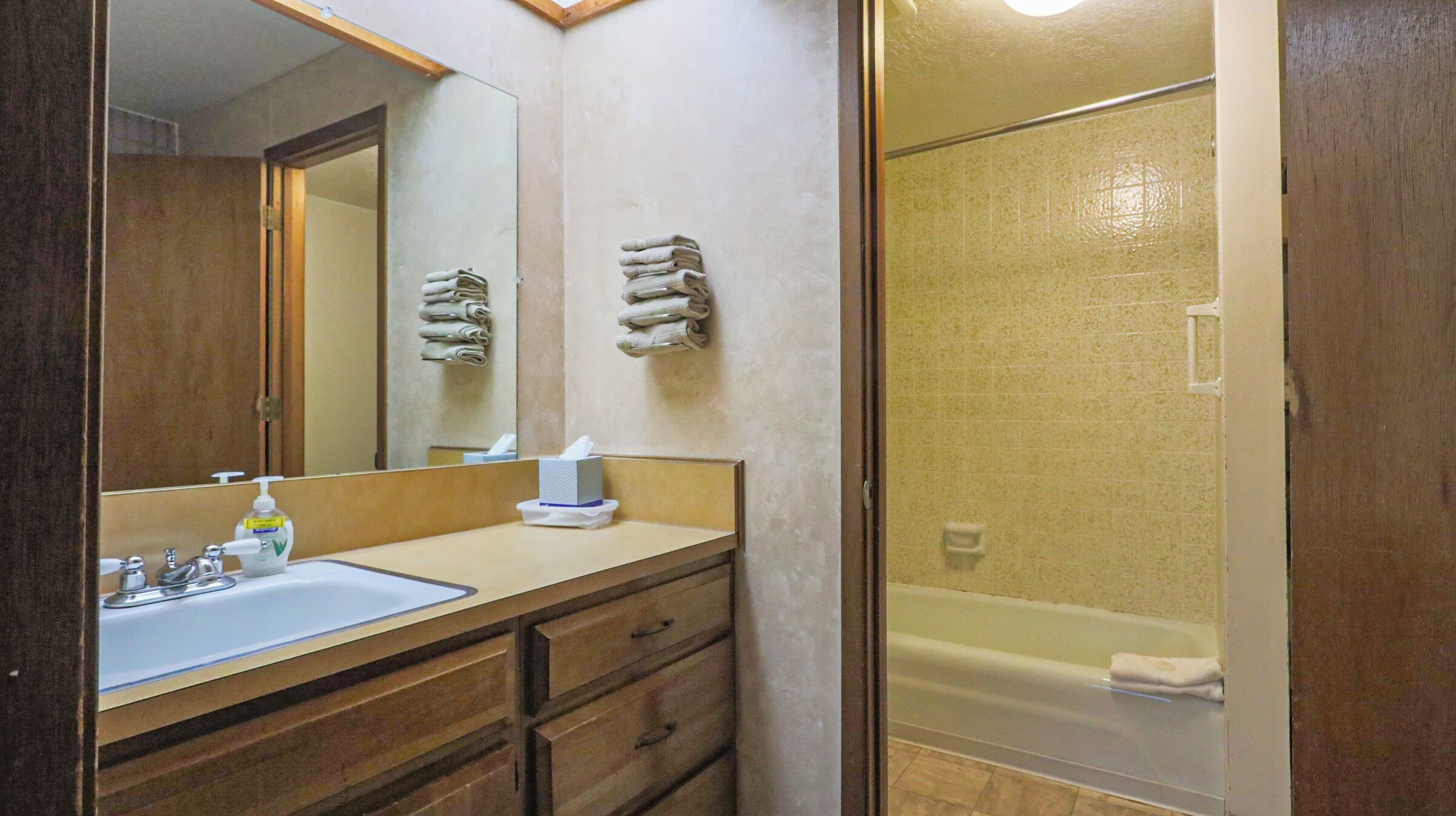 Hair dryer, towels, soap, toilet paper