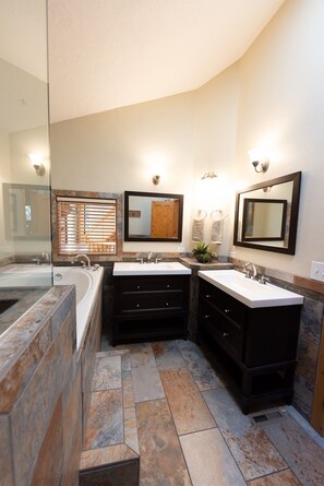 Shower, jetted tub, hair dryer, bidet