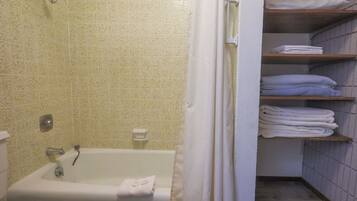 Hair dryer, towels, soap, toilet paper