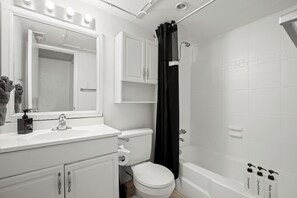Hair dryer, towels, soap, toilet paper