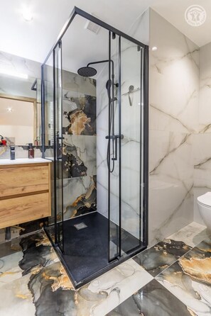 Shower, hair dryer, towels