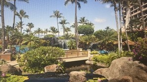 Un complexe hôtelier tropical doté d’une piscine, de palmiers, d’un pont et d’une cascade.