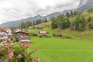 A rural village with traditional houses, a green field, and mountains in the background. - Apartment 'Waxenstein' with Mountain View, Balcony and Wi-Fi (Grainau)