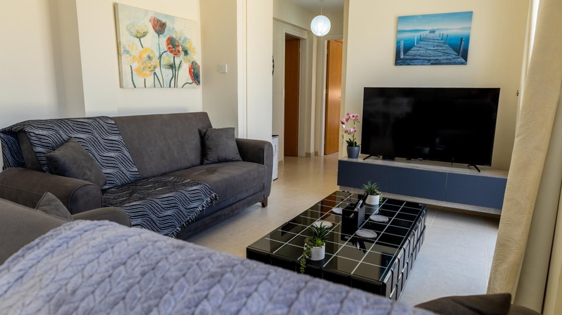 Una sala de estar con un sofá, una mesa de centro con plantas, un televisor de pantalla plana y obras de arte en las paredes.