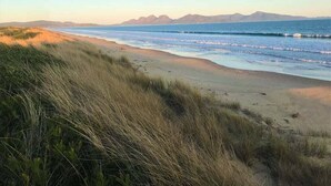 Een strand met zand, gras en een bergketen in de verte.