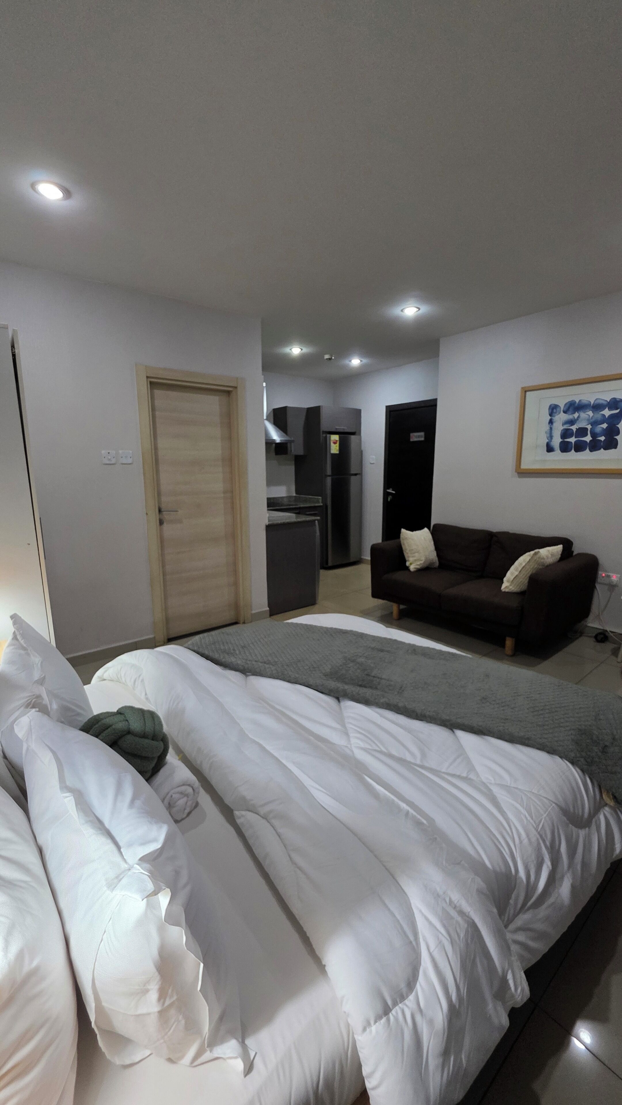 A bedroom with a bed, a sofa, a kitchenette, and a door.