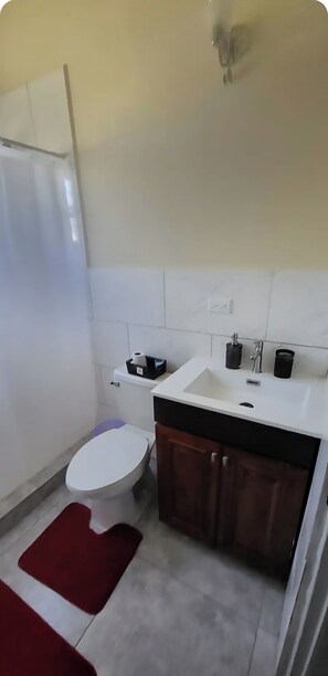 A bathroom with a white toilet, a sink with a black countertop, and a red rug on the floor. - Paradise Escape (Ffryes)