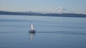 Un velero en aguas tranquilas, con una montaña al fondo.