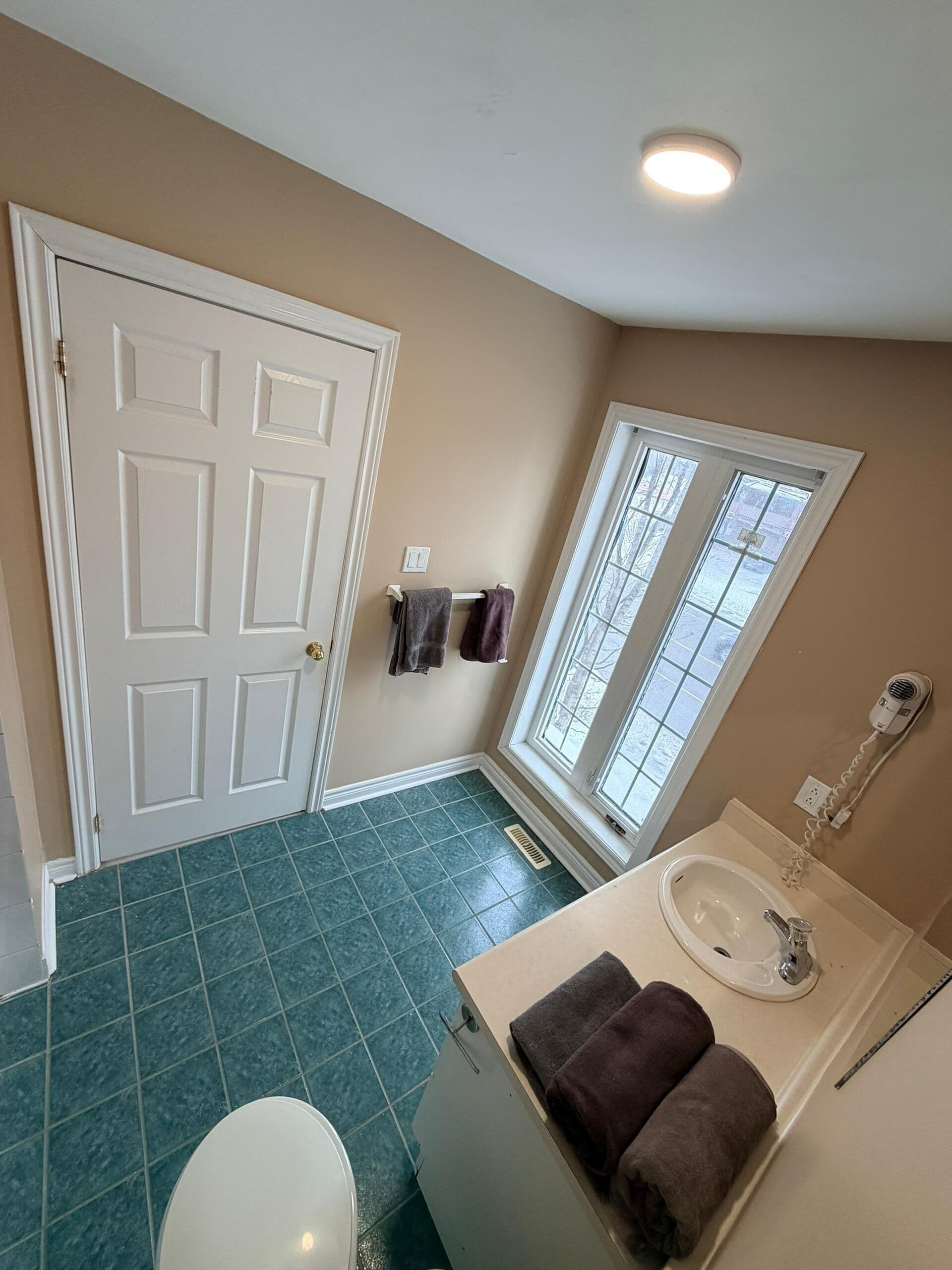 Hair dryer, towels, soap, toilet paper