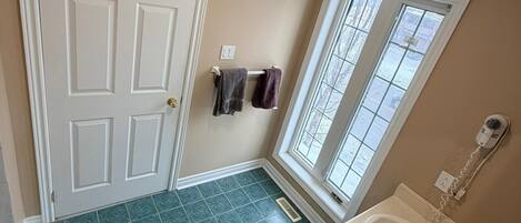 Hair dryer, towels, soap, toilet paper