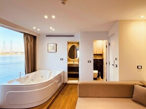 Royal Suite, Balcony, River View | Living area | 50-inch Smart TV with satellite channels, pay movies - Hathor Ultra Luxury Dahabiya Cruise - Saturday from Luxor (Luxor)