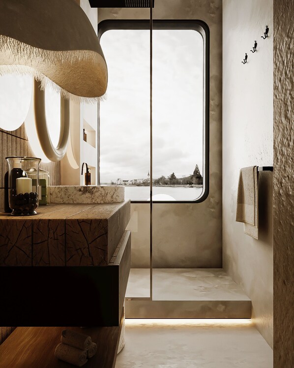 Luxury Double Room, 1 King Bed, River View | Bathroom | Eco-friendly toiletries, hair dryer, bathrobes, slippers