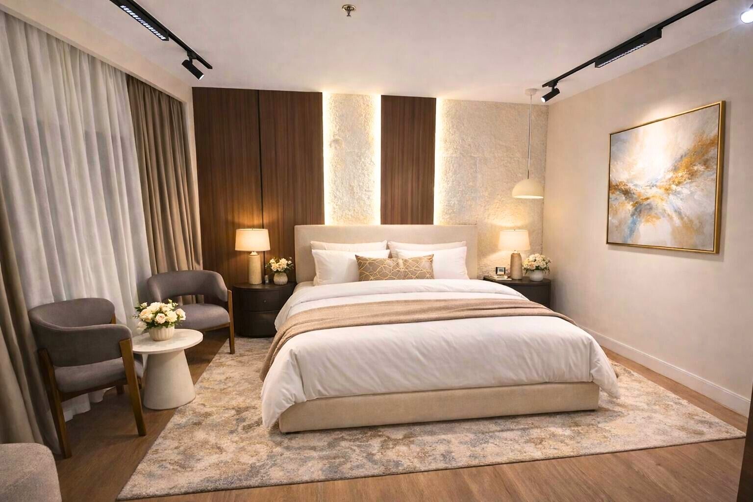 A modern hotel room with a large bed, a sitting area with a chair and a small table, and a painting on the wall.