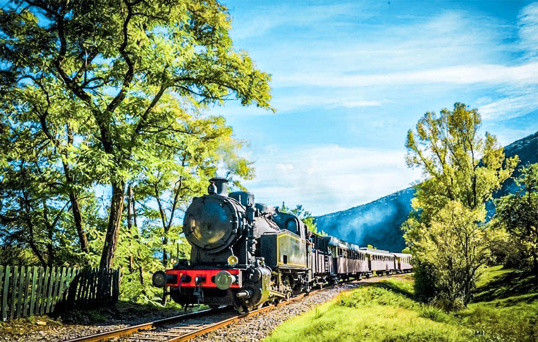 Una locomotora de vapor sobre vías de tren, rodeada de exuberante vegetación y montañas.