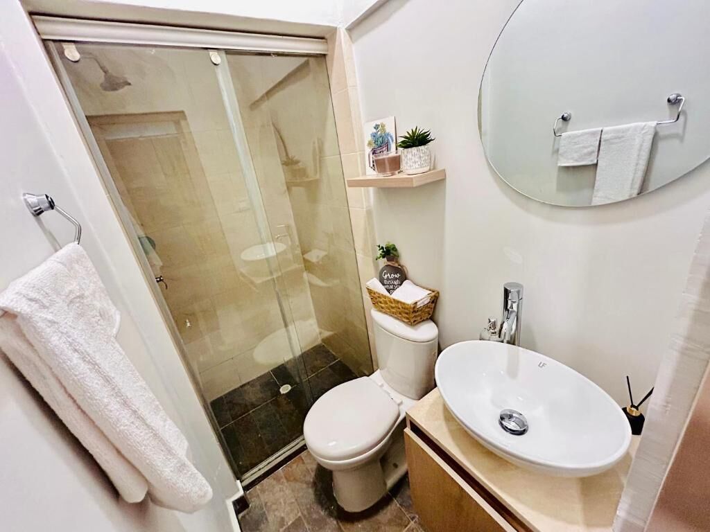 A bathroom with a glass shower enclosure, a toilet, a sink, and a mirror.