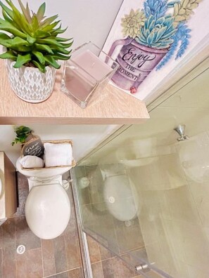 Ducha, secador de pelo, toallas, jabón