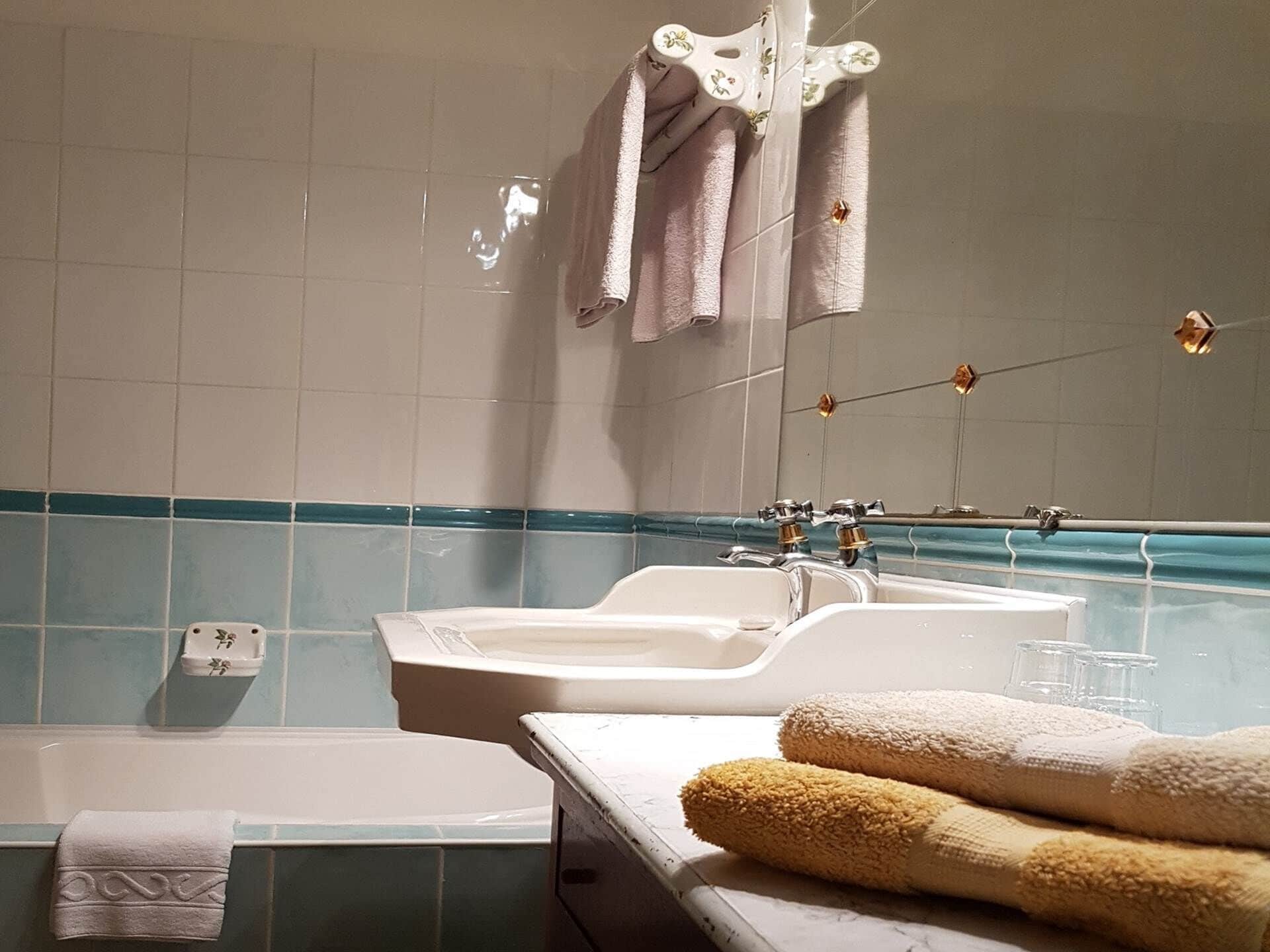 Een haardroger, handdoeken, zeep, shampoo