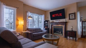 Un salon comprenant un canapé, une table basse, une cheminée, une bibliothèque et un téléviseur affichant le logo « NETFLIX ».