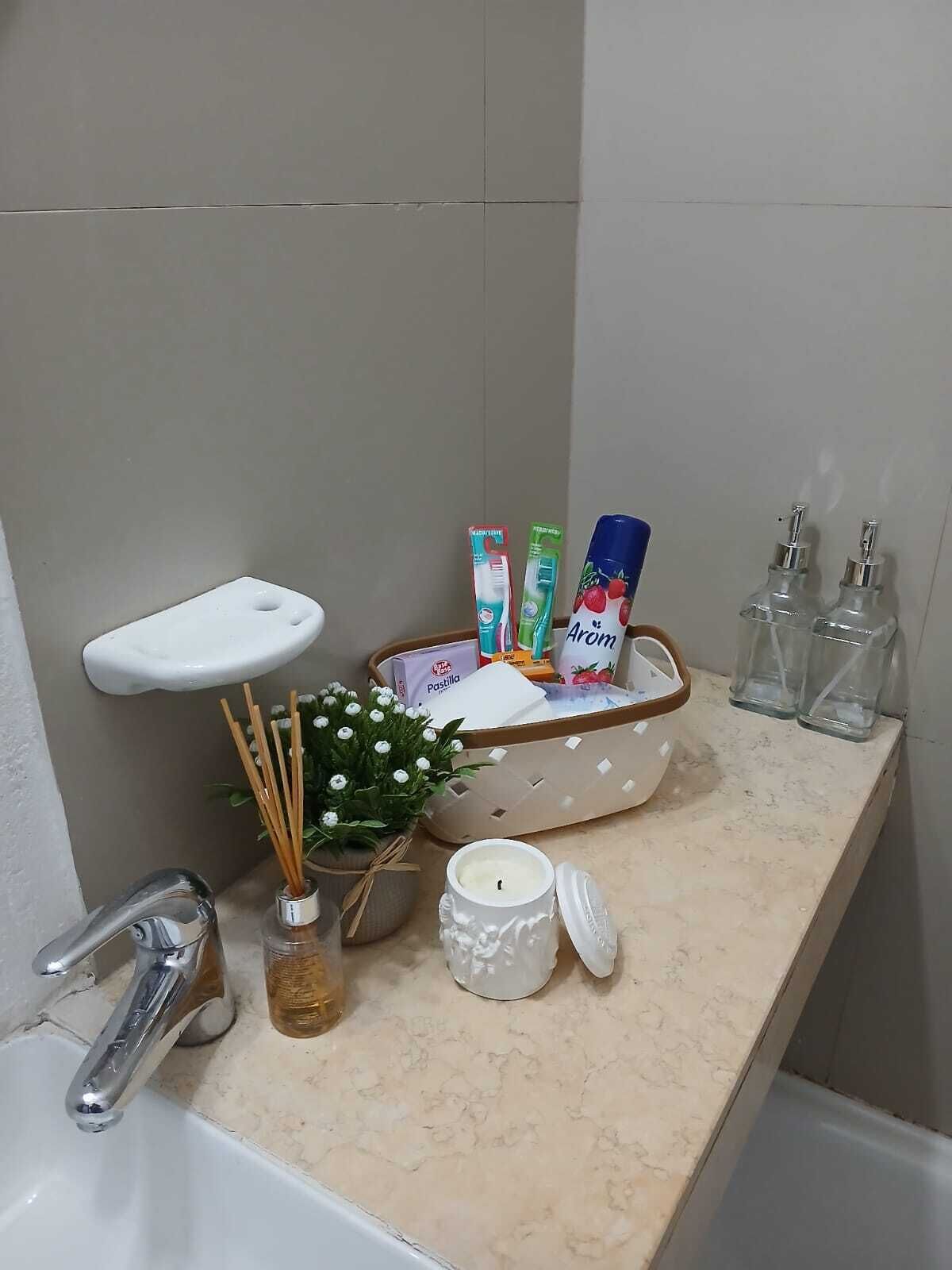 Hair dryer, bidet, towels, soap